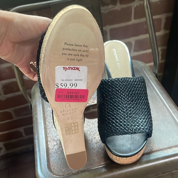 Etienne Aigner Daiquiri Platforn Slide Wedge Women's 9.5M Black Leather Woven. - Picture 3 of 5